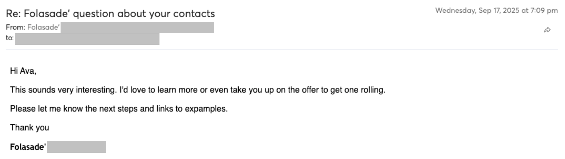 Reply screenshot: Prospect reply — FLO outbound campaign